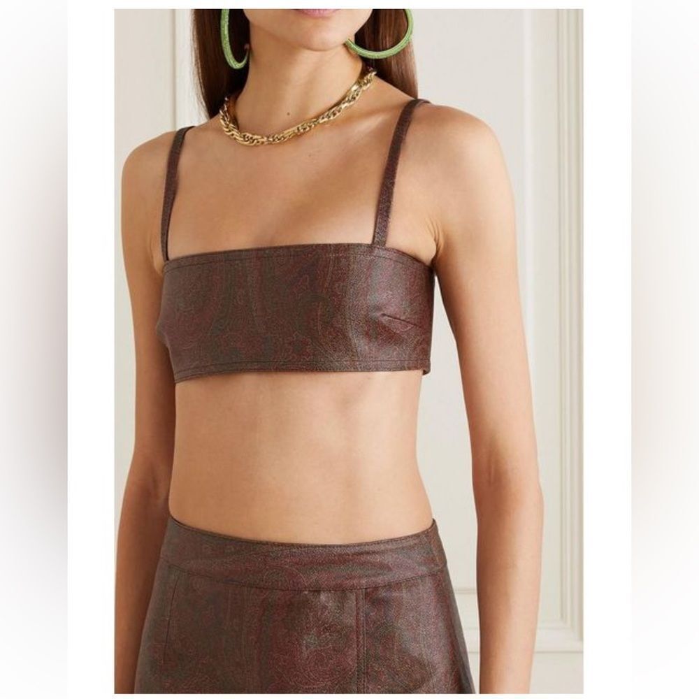 NWT ETRO Brown Appliquéd Paisley-print Faux Leather Bralette EU 42/ US Medium/6